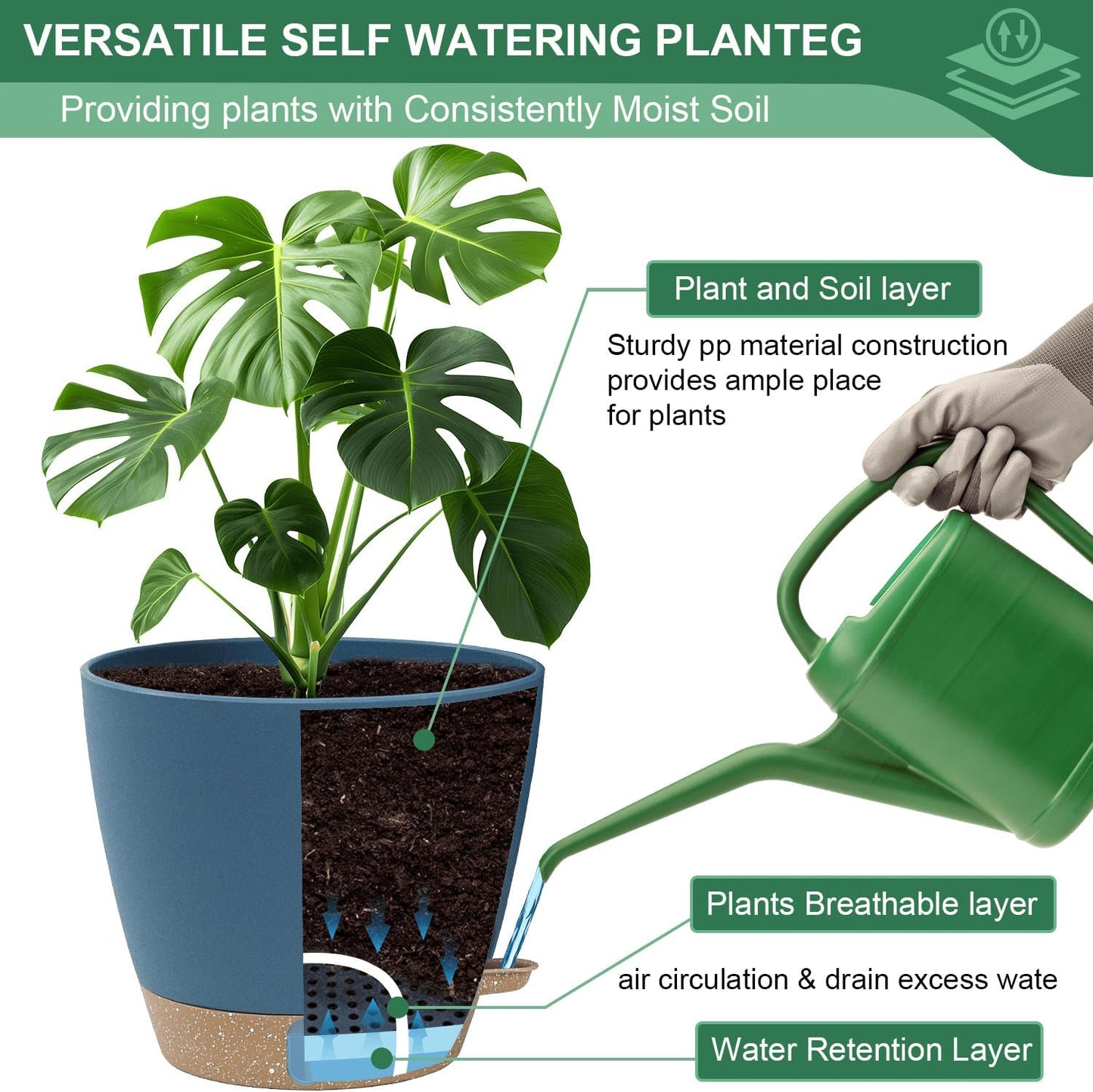 montresor 12/10/8 Inch Self Watering Pots for Indoor Plants Plastic Large Plant Pots for Outdoor Plants, Water Level Window & Spacious Reservoir Flower Pots Decorative Planter with Drainage and Tray