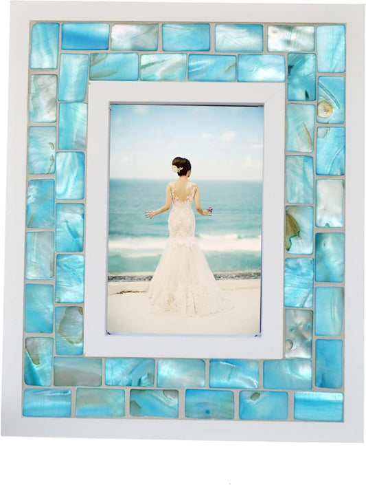 Silver Plate Picture Frame 5x7 Mother of Pearl 5 by 7 Photo Frame Mosaic Glass Tabletop Frame (Grey+ White,1pc)