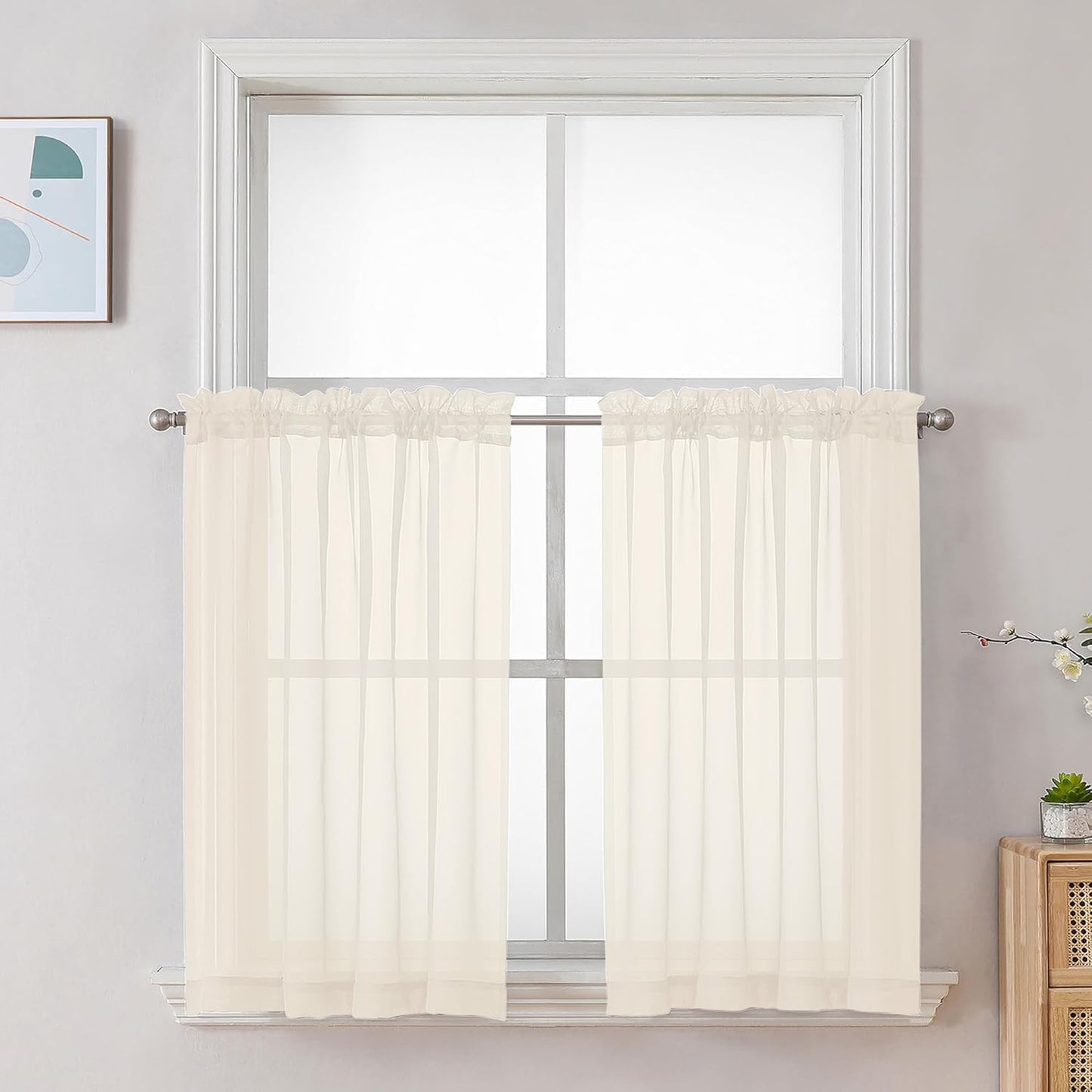 Chyhomenyc Sheer White Valances for Windows 2 Pack, Small Window Curtains for Living Room Bathroom Cafe Laundry Basement, Modern Top Dual Rod Pocket Voile Curtain, 42W x 14L inches, White - Colors A