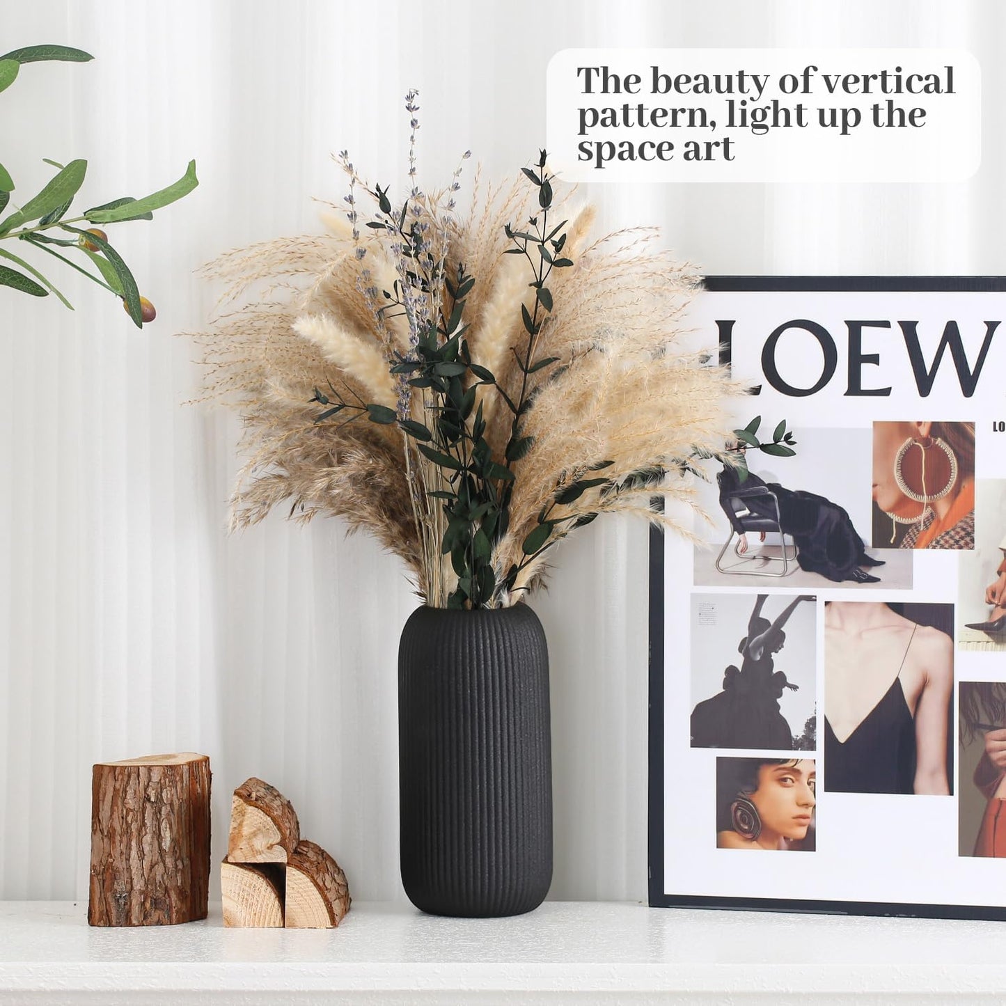 Bohemian White Ceramic Vase - for Pampas Grass, Mantel, Bookshelf, Entryway and Living Room Decor (White, 7in)
