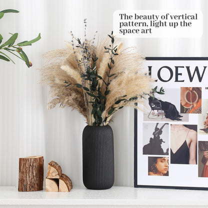 Bohemian White Ceramic Vase - for Pampas Grass, Mantel, Bookshelf, Entryway and Living Room Decor (White, 7in)