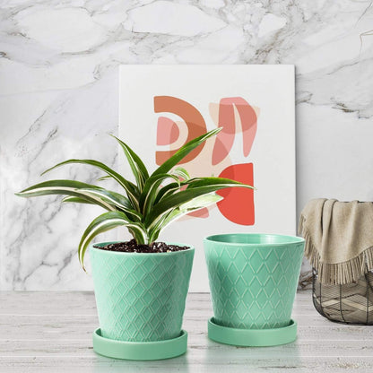 BUYMAX Plant Pots Indoor –5 inch Ceramic Flower Pot with Drainage Hole and Ceramic Tray - Gardening Home Desktop Office Windowsill Decoration Gift, Set of 4-Plants NOT Included (Patina)
