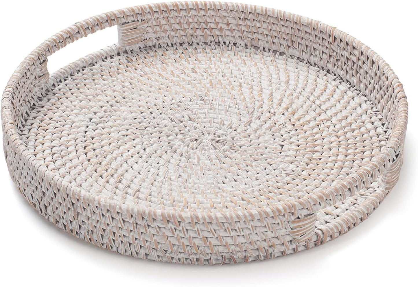 13.8 inch Round Rattan Tray, Decorative Coffee Table Tray, Ottoman Tray, Woven Serving Tray with Handles, Wicker Serving Basket, Whitewash