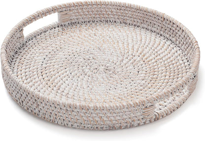 13.8 inch Round Rattan Tray, Decorative Coffee Table Tray, Ottoman Tray, Woven Serving Tray with Handles, Wicker Serving Basket, Whitewash