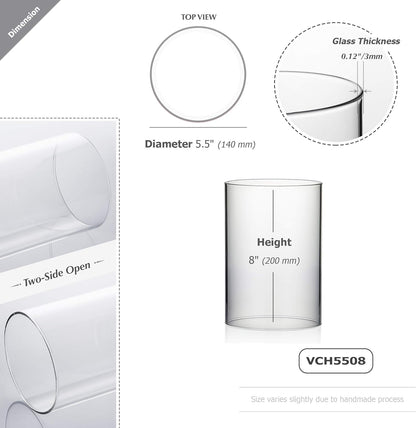WGVI Hurricane Candle Holder Sleeve, Wide 4", Height 8", Clear Glass Cylinder Candleholder, Chimney Tube, Open Ended Candle Shade, 1 Piece - Colors B