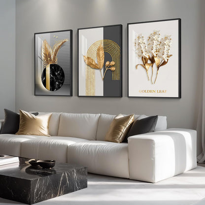 Framed Modern Luxury Gold Wall Art, Set of 3 Piece Contemporary Paintings Artwork for Walls, Golden Prints Pictures with Gold Frame, Wall Decor for Living Room, Hallway, Bedroom, Office 16x24 Inch