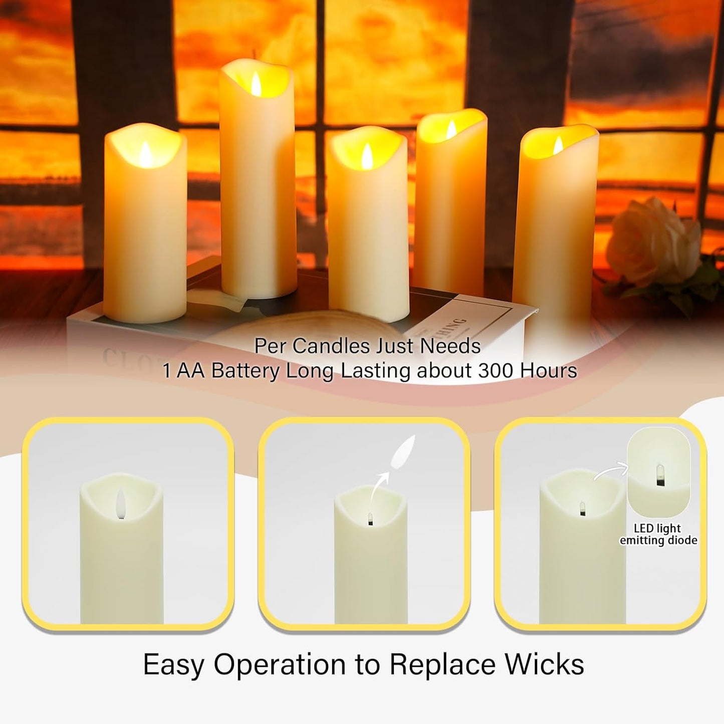 kakoya Flickering Flameless Candles Battery Operated with Remote and 2/4/6/8 H Timer Acrylic Led Pillar Candles Pack of 9 (appr D2.3"xH5.5"6.5"7.5")with Realistic 3D Wick Candles for Home Decor(White)