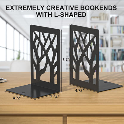 Bookends 4 Pieces, Tree Design Modern Metal Bookends for Shelves, Black Tree Book Ends Decorative Book Organizer for Desk, Decorative Shelve Book Stopper for Home Office