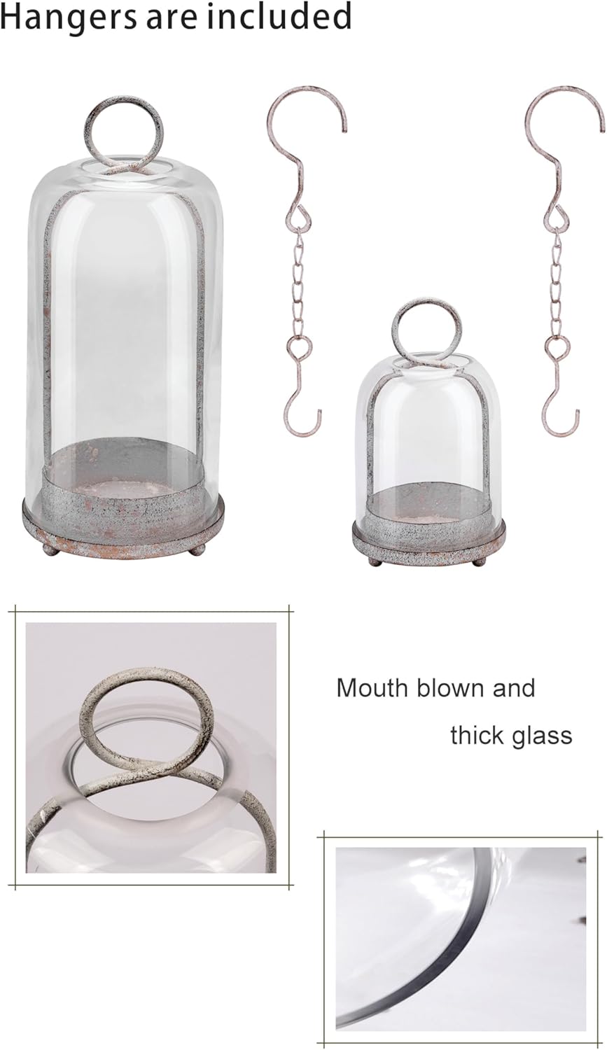 5" & 4" Wide Versatile Metal Candle Holder with Handmade Sturdy Glass Dome in Brass for Pillar Candle & Plants, 5.1" xH11.8 4" xH7.5, Industrial, Farmhouse, Shabby Chic. (2, Brass, Large & Small)