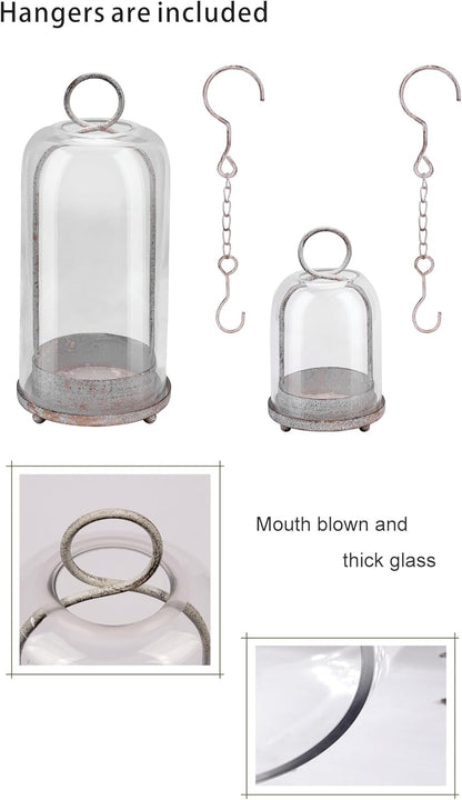 5" & 4" Wide Versatile Metal Candle Holder with Handmade Sturdy Glass Dome in Brass for Pillar Candle & Plants, 5.1" xH11.8 4" xH7.5, Industrial, Farmhouse, Shabby Chic. (2, Brass, Large & Small)