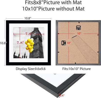 12x12 Picture Frame Set of 9, Display Pictures 8x8 with Mat or 12x12 without Mat, Multi Collage Gallery Square Photo Frames for Wall or Tabletop, Black