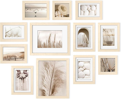 Egofine Picture Frame Set 12 Pack, Picture Frames Collage Wall Decor with Two 11x14, Two 8x10, Four 5x7, Four 4x6 for Wall and Tabletop, Made of Solid Wood, Covered by Plexiglass, Natural Wood