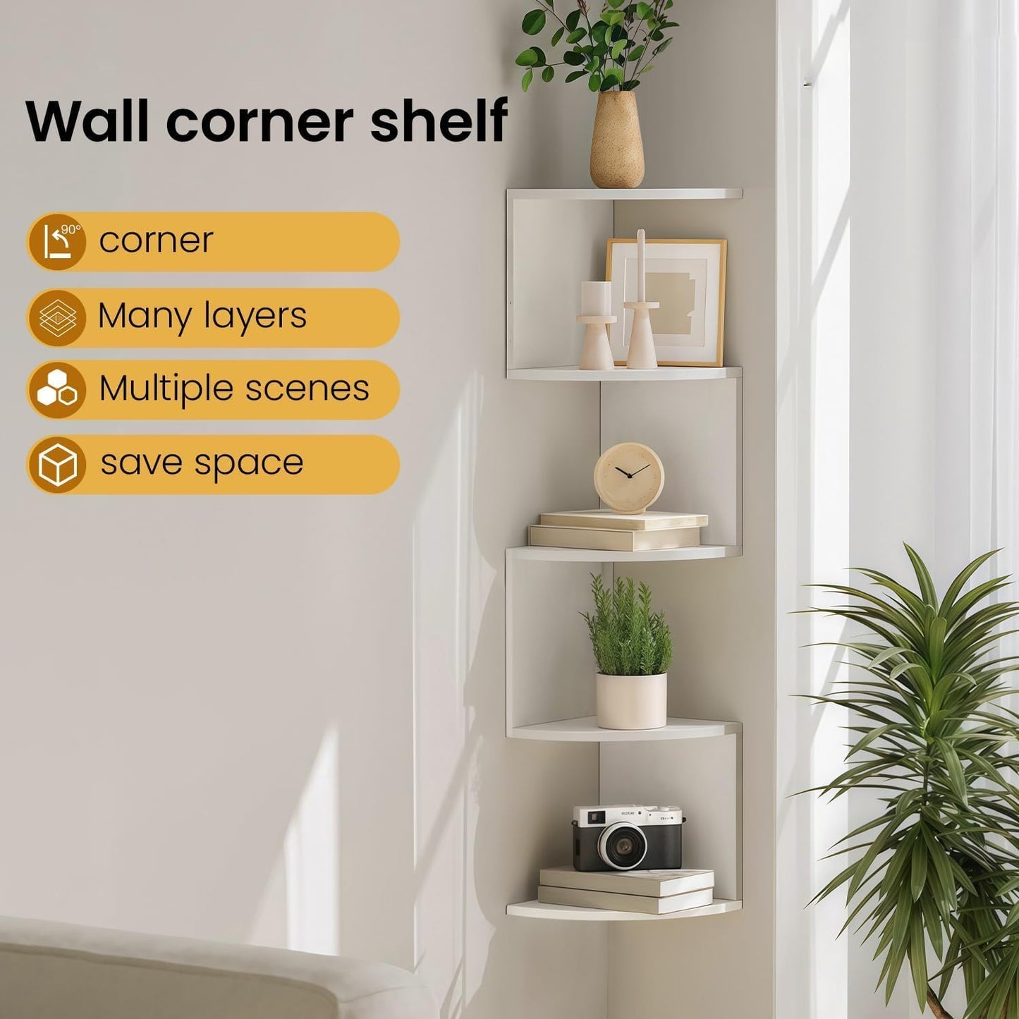 5-Tier Floating Corner Shelf Wall Mount, Heavy Duty Wall Corner Bookshelf, Multi-Purpose Plant Display Shelf for Bedroom Living Room Bathroom Home Office, (Black)