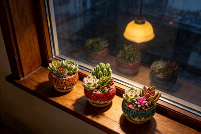 Cute Ceramic Succulent Garden Pots, Planter with Drainage and Attached Saucer, Set of 5 -Plants Not Included (Round)