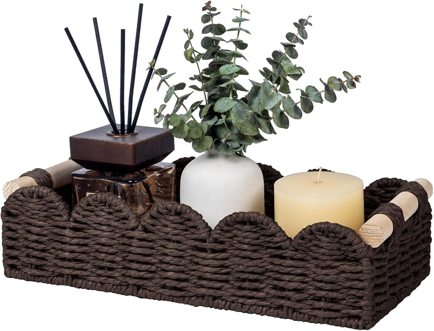 CubesLand Paper Rope Scalloped Edge Toilet Paper Storage Basket, Small Living Room, Bedroom Decor Baskets for Over Toilet Storage Shelf, End Table, Shelves and More, with 2 Wooden Handle, Neutral
