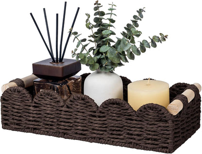 CubesLand Paper Rope Scalloped Edge Toilet Paper Storage Basket, Small Living Room, Bedroom Decor Baskets for Over Toilet Storage Shelf, End Table, Shelves and More, with 2 Wooden Handle, Neutral