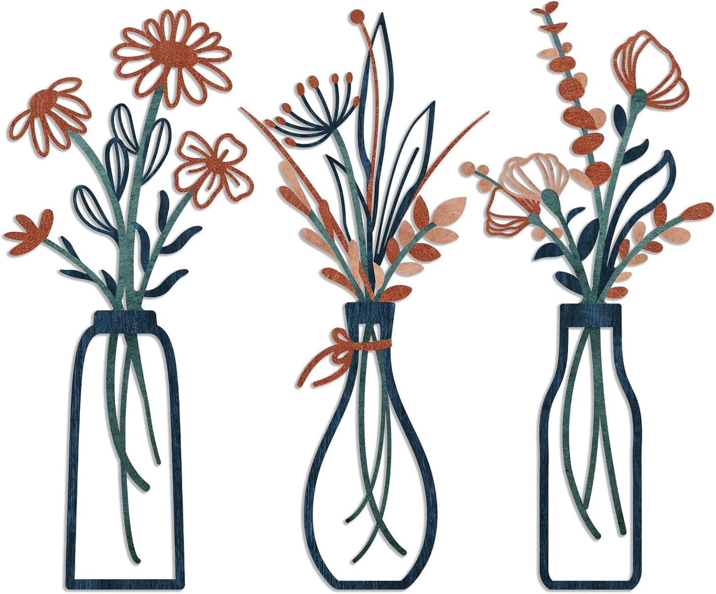 Pigort 3 Pieces Metal Flowers Wall Art- Rustic Farmhouse Decor Minimalist Decor for Living Room Bathroom Bedroom Dining Room, Housewarming Gifts Christmas Decoration(Beige, Vase-C)