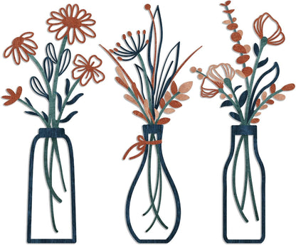 Pigort 3 Pieces Metal Flowers Wall Art- Rustic Farmhouse Decor Minimalist Decor for Living Room Bathroom Bedroom Dining Room, Housewarming Gifts Christmas Decoration(Beige, Vase-C)