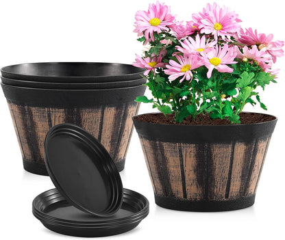 Quarut 3 Pack 10 inch Plant Pots,Whiskey Barrel Planters with Drainage Holes & Saucer, Plastic Decoration Flower Pots Imitation Wine Barrel Design, for Indoor & Outdoor Garden Home Plants (Brown)