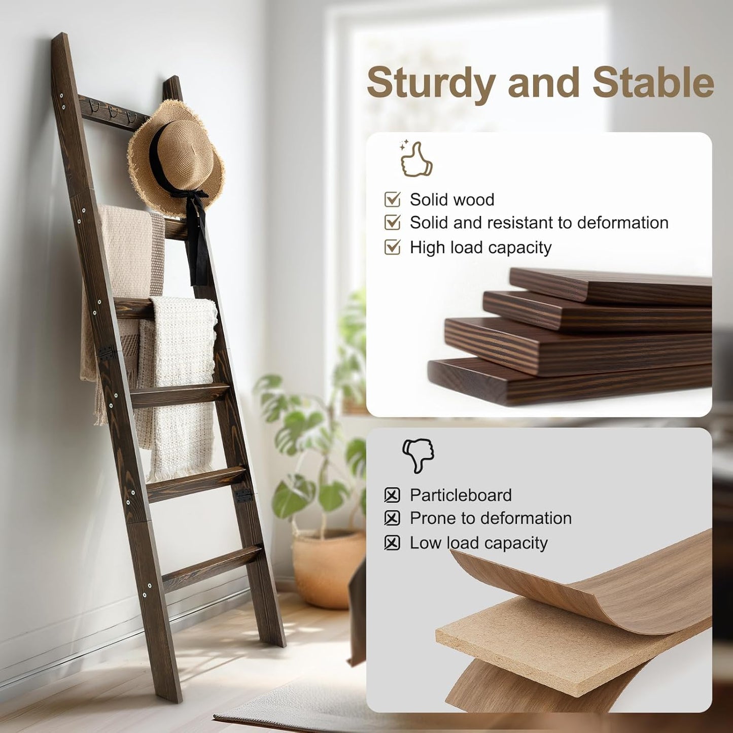 TEAKMAMA 6-Tier Blanket Ladder for Living Room and Bedroom,5.4 Ft Wall Leaning Quilt Rack with Hooks,Rustic Decorative Farmhouse Blanket Storage,Stylish Ladder Holder,Christmas Decorations,Black