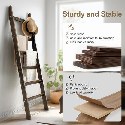 TEAKMAMA 6-Tier Blanket Ladder for Living Room and Bedroom,5.4 Ft Wall Leaning Quilt Rack with Hooks,Rustic Decorative Farmhouse Blanket Storage,Stylish Ladder Holder,Christmas Decorations,Black
