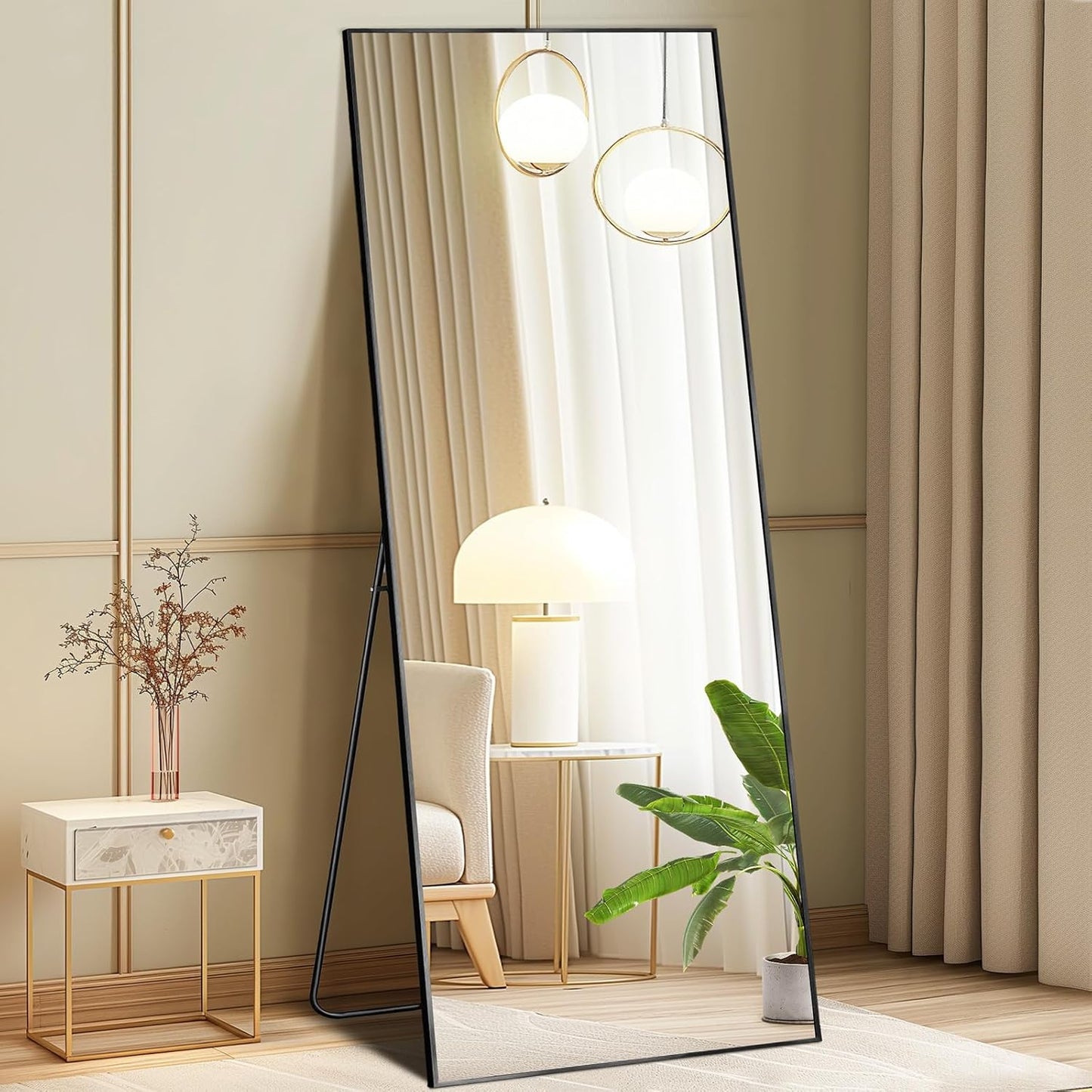 DUMOS Arched Full Length Mirror with Stand 64"x21" Floor Standing Aluminum Frame for Bedroom Body Hanging Leaning Modern Simple Home Decor Shatter-proorf Nano Glass Wall Living Room Cloakroom Black