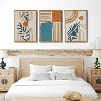 Bwodke Boho Wall Art, Framed Abstract Wall Art, Green Botanical Neutral Canvas Wall Decor, Large Mid Century Plant Pictures Set of 3, Modern Minimalist Paintings, for Bedroom Living Room Bathroom