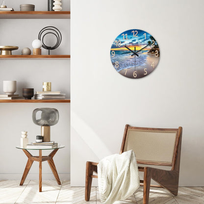 Beach Wall Clock Battery Operated 12 Inch Glass Wall Clock Non Ticking Analog Blue Wall Clocks for Bedroom Living Room Office Decor