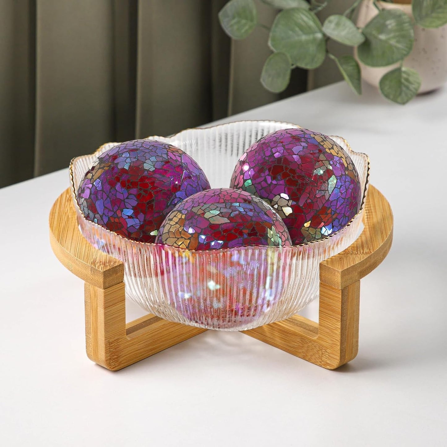 3Pcs Mosaic Glass Orbs Decorative Balls Set 8.5cm/3.35inch Blue Sphere Wedding Party Home Decor Table Centerpiece