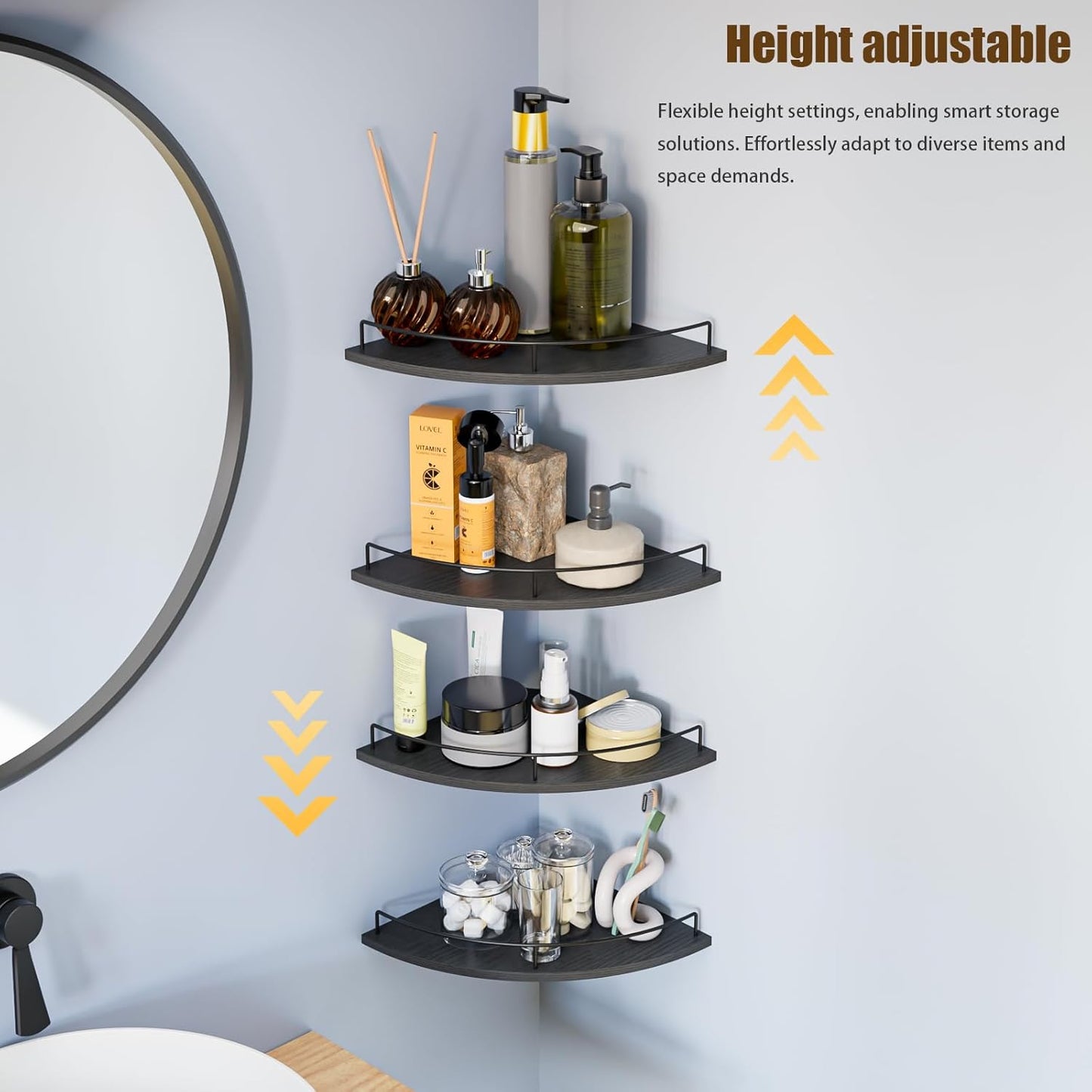 Corner Floating Shelves, Rustic Brown Wood, Set of 2, Wall Mount Storage with Guardrail for Bathroom Kitchen Living Room