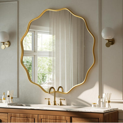 VooBang Black Scalloped Large Circle Mirror, 42" Wavy Edge Round Wall Mirror with Tempered Glass Textured Circular Metal Deep Frame, Hanging Leaning for Bathroom, Hallway, Entryway, Livng Room