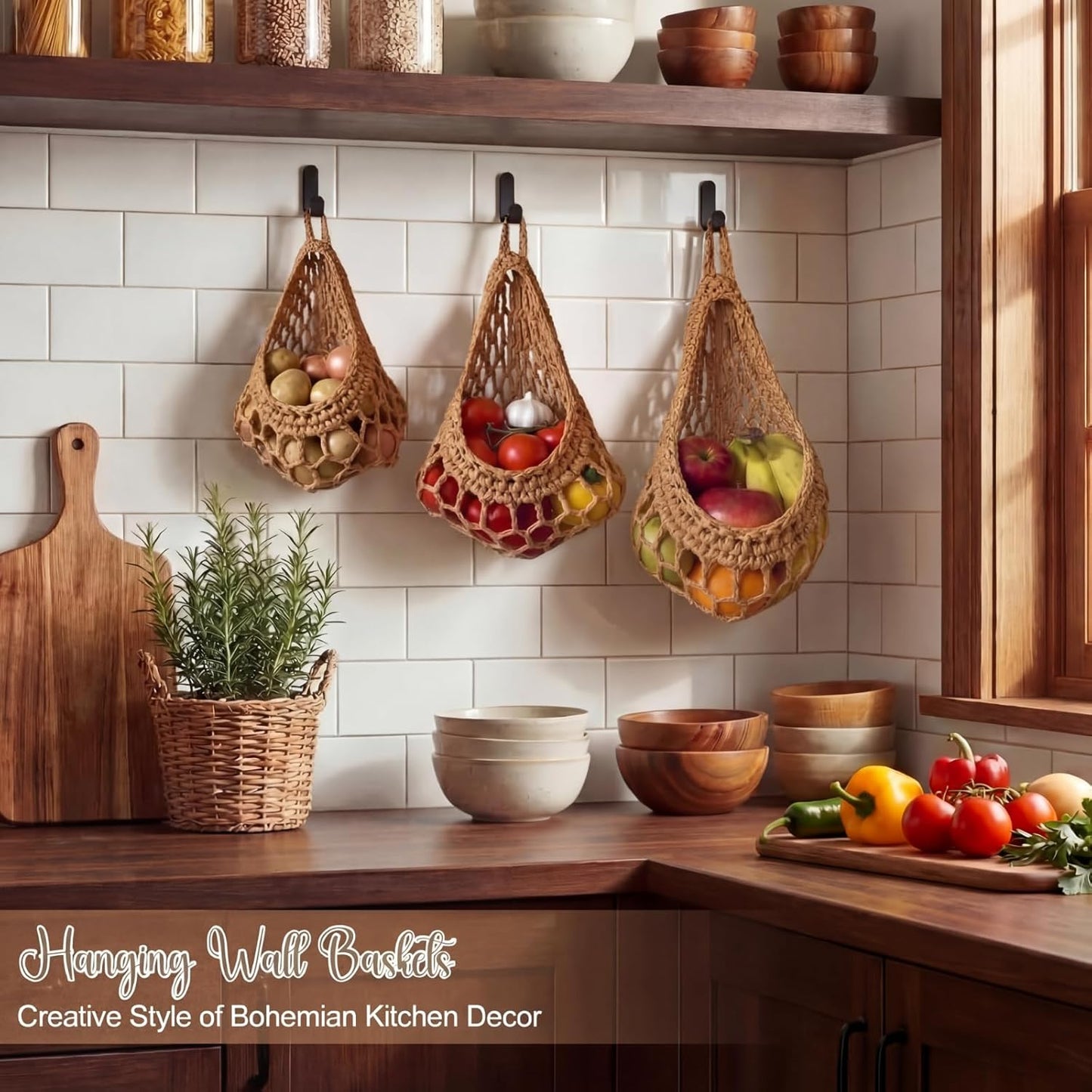 Honeydak Boho Decor Hanging Wall Baskets for Kitchen 3 Pack Teardrop Baskets with Hooks Storage Fruit Onion Vegetable Potato for Home 3 Sizes(Linen,Teardrop,Jute)