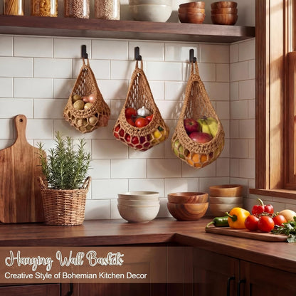 Honeydak Boho Decor Hanging Wall Baskets for Kitchen 3 Pack Teardrop Baskets with Hooks Storage Fruit Onion Vegetable Potato for Home 3 Sizes(Linen,Teardrop,Jute)