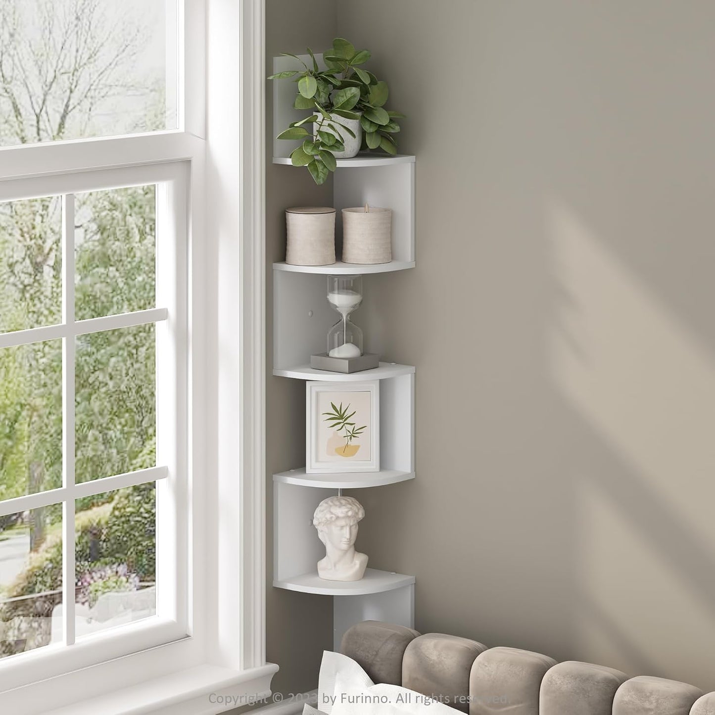Furinno Rossi 5-Tier Wall Mount Floating Radial Corner Shelf, White
