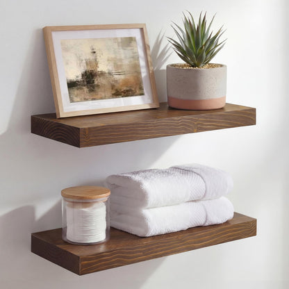 Homeforia 24 inch Natural Floating Shelf, High End Solid Real Wood 24inch Small Floating Shelves for Wall Mounted, Natural Wooden Floating Shelves, Heavy Duty Bracket, 24 X 6.5 X 1.75 in, Set of 2