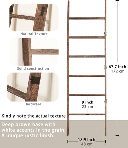 Blanket Ladder for the Living Room 6-Tier, Wooden Decorative Quilt Holder for Bed room, Wall-Leaning Towel Rack for Bathroom，Rustic Farmhouse Ladders for Display. (Dark Brown)
