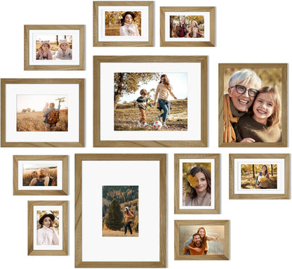 Egofine Picture Frame Set 12 Pack, Picture Frames Collage Wall Decor with Two 11x14, Two 8x10, Four 5x7, Four 4x6 for Wall and Tabletop, Made of Solid Wood, Covered by Plexiglass, Natural Wood
