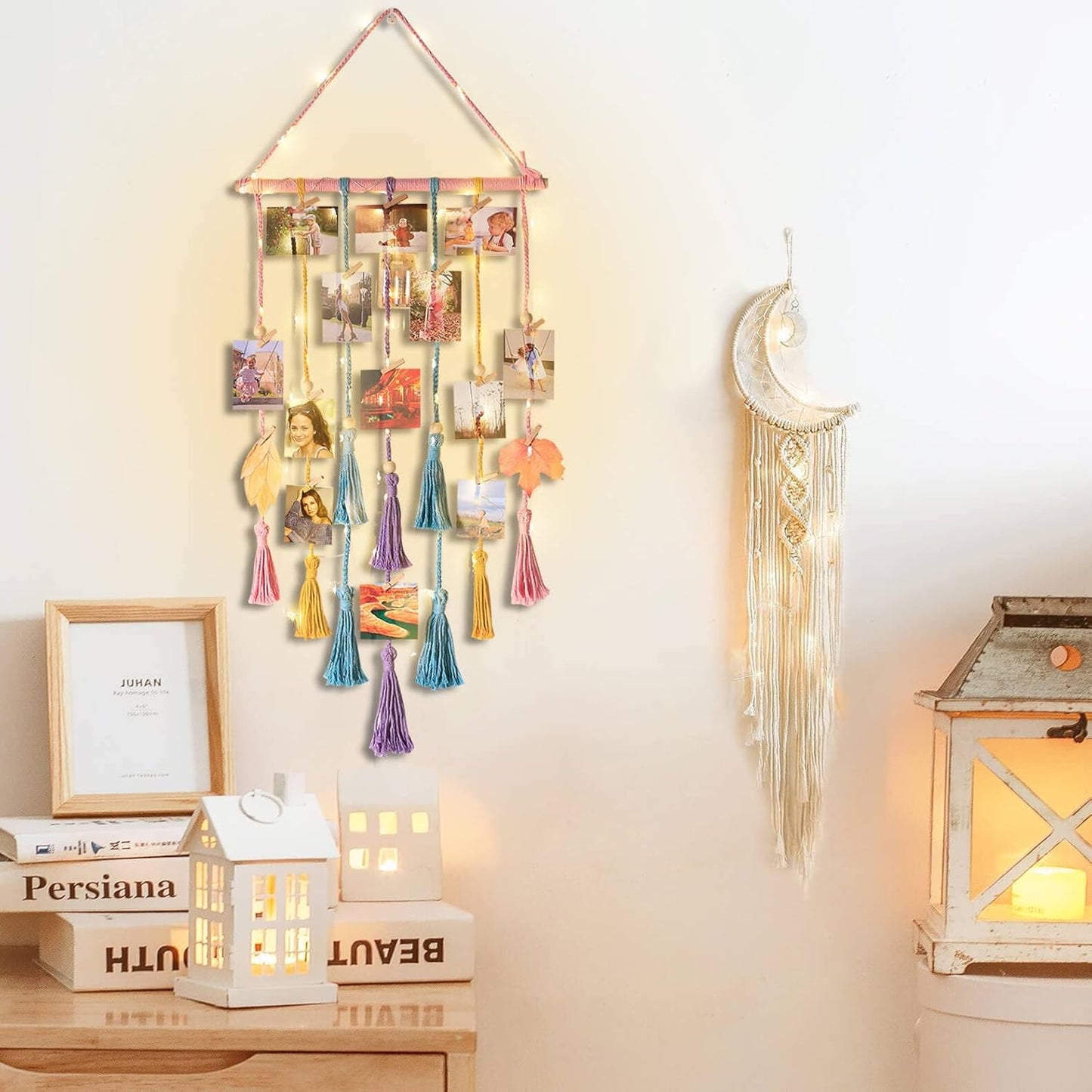 Homecor Hanging Photo Display Wall Decor, Macrame Wall Hanging Boho Room Bedroom Decor, Picture Frame Collage Board with Light 30 Clip, Christmas Teenage Teen Girl Gifts Ages 10 11 12 13 14 Years Old