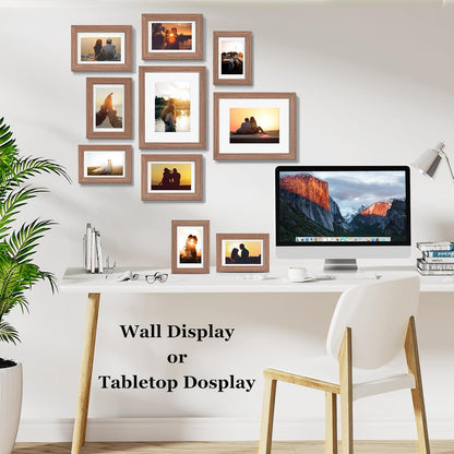 Povrgive Picture Frames, Made of Real Glass and Wooden Frame, Gallery Photo Frames Set of 10 for Collage Wall Decor, Multi Sizes Including 8x10, 5x7, 4x6 for Mounting or Tabletop Display, Wood