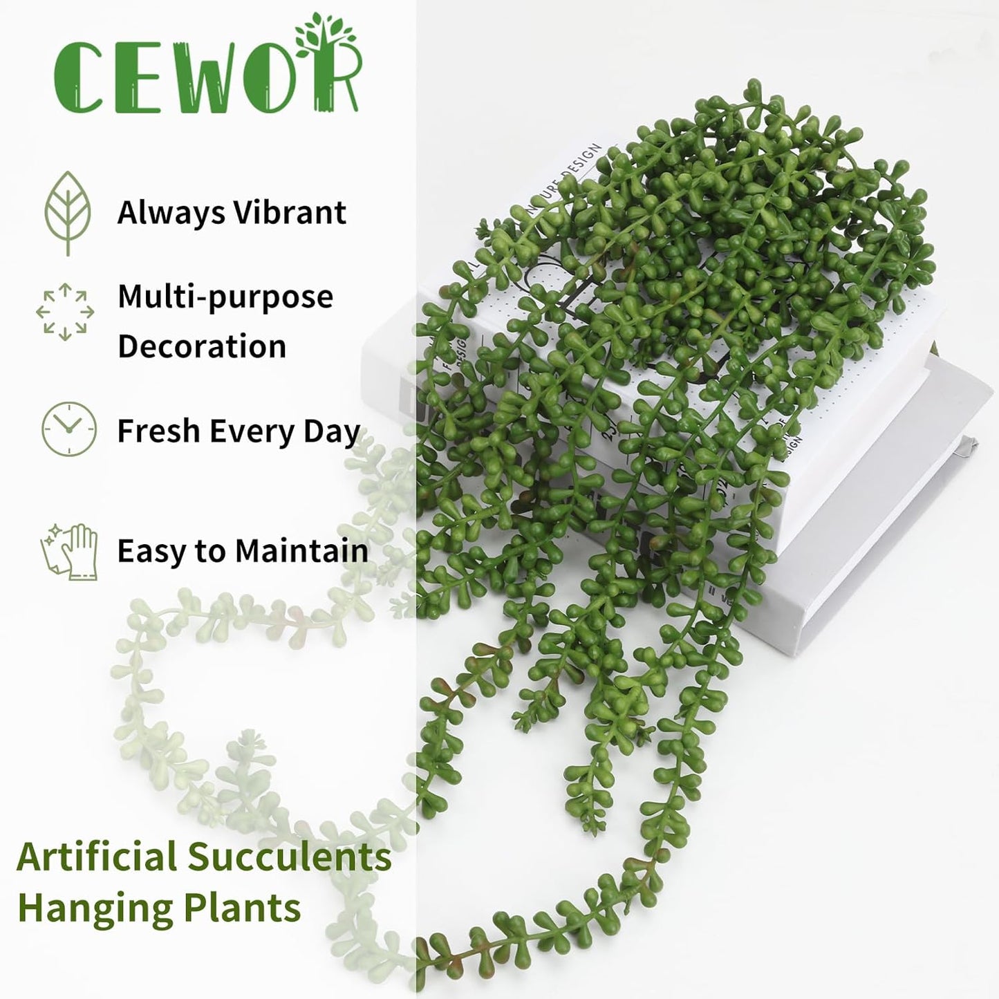 CEWOR 4pcs Fake Hanging Plants, String of Pearls Artificial Hanging Succulents Greenery Wall Backdrop Decor, Artificial Plants Indoor for Home Garden Outdoor Decoration