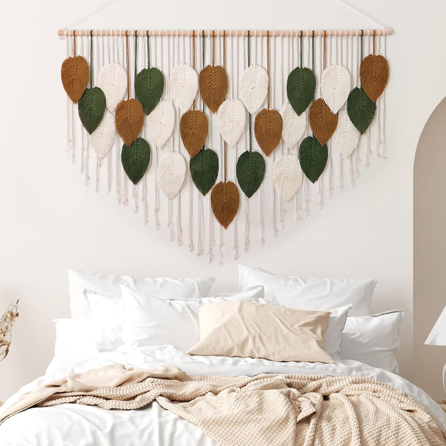 KHOYIME Large Macrame Wall Hanging Boho Woven Tapestry, Chic Home Decor Modern Bohemian Handmade Leaf Feather Wall Art Decorations for Apartment Dorm Living Room Bedroom Nursery Backdrop 39"W X 29.5"L