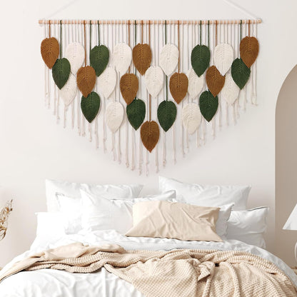 KHOYIME Large Macrame Wall Hanging Boho Woven Tapestry, Chic Home Decor Modern Bohemian Handmade Leaf Feather Wall Art Decorations for Apartment Dorm Living Room Bedroom Nursery Backdrop 39"W X 29.5"L