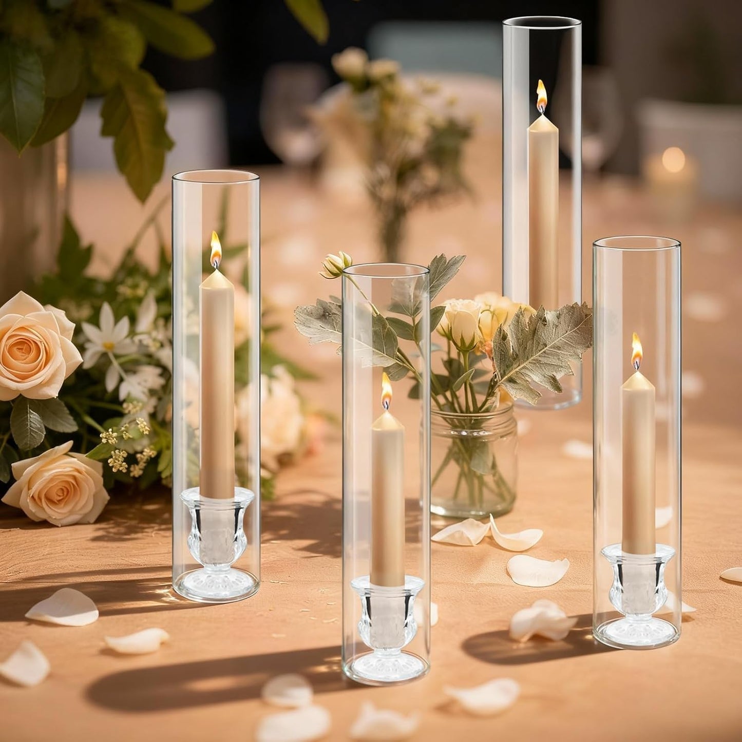 12 Sets Glass Hurricane Candle Holders - 12.6” Glass Candlestick Holders with Clear Tall Cylinder Candle Sleeves for Wedding, Christmas Table Decor (12)