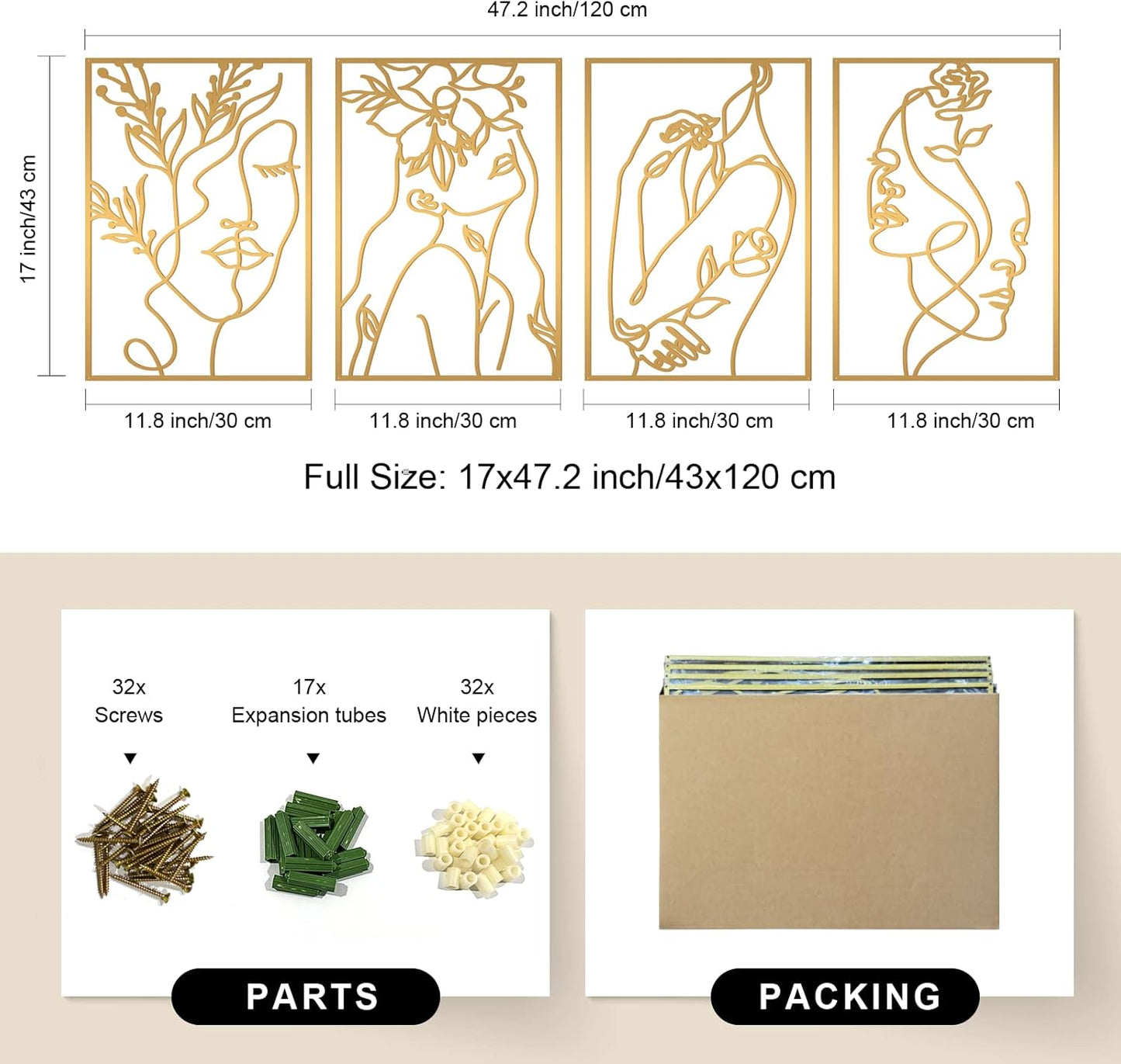Glamativity 4 Pack Gold Wall Art Decor, Minimalist Single Line Real Metal Wall Art, Woman's Body Shape Abstract Wall Art (Gold Classic Style, 17 x 11.8'')
