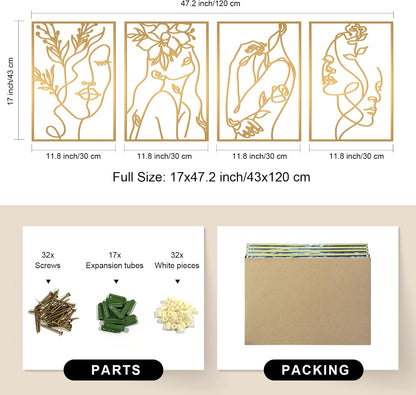 Glamativity 4 Pack Gold Wall Art Decor, Minimalist Single Line Real Metal Wall Art, Woman's Body Shape Abstract Wall Art (Gold Classic Style, 17 x 11.8'')