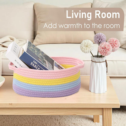 JMvicyroam Woven Basket,Small Rope Storage Bin with Handles & Ribbon Bag, Organizer for Shelves Closets,Gift Basket Empty for Birthday,Books,Dog Toys,White