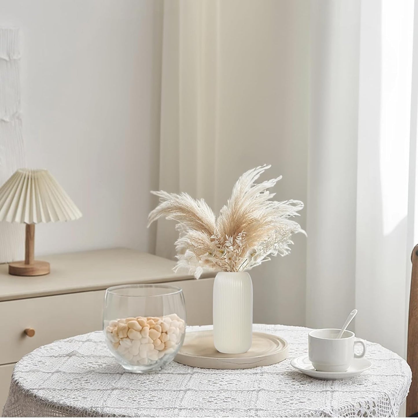 Ceramic Vase for Flowers – Modern Small Ribbed Textured Flower Vase for Home Decor, Pampas Grass, Decorative, Farmhouse, Coffee Table, Kitchen Centerpieces, Bookshelf and Home Living (White)