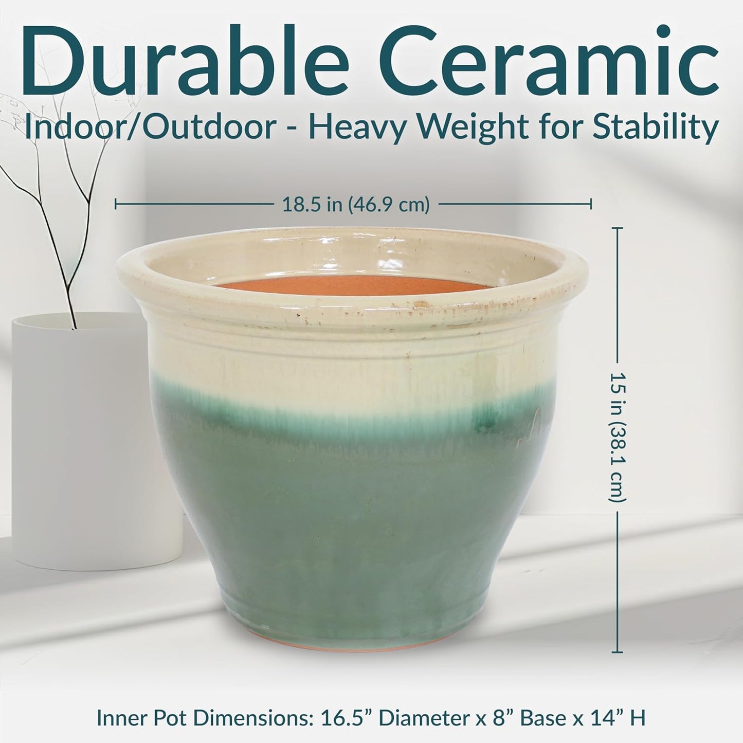 Sunnydaze Large Ceramic Plant Pot - Round Outdoor Glazed Ceramic Planter Pot with Drainage - Studio - Imperial Blue - 18.5"
