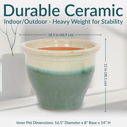 Sunnydaze Large Ceramic Plant Pot - Round Outdoor Glazed Ceramic Planter Pot with Drainage - Studio - Imperial Blue - 18.5"