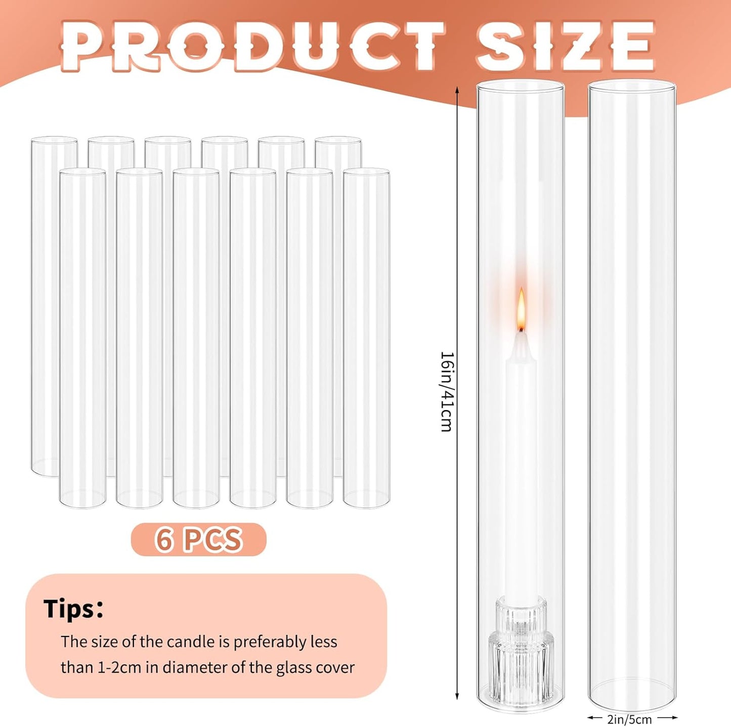 24 PCS Hurricane Candle Holder, 2.5" W x 14" H Open Ended Glass Candle Cylinder Sleeve, Clear Glass Cylinder Candle Holder, Open Flame Candle Chimney Tube Cover, Bottomless Cylindrical Glass